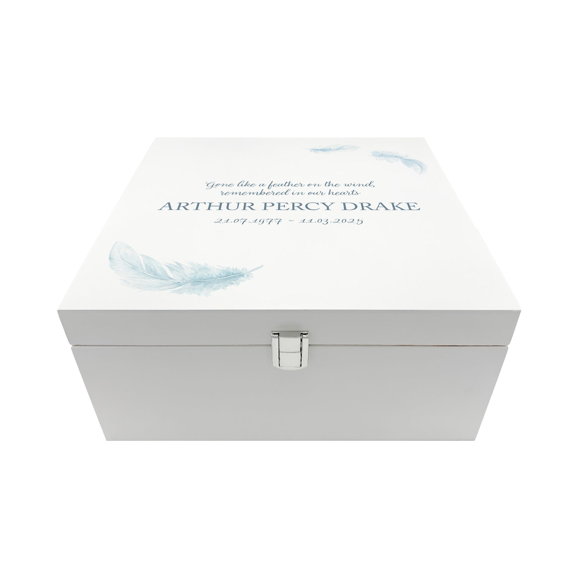 White Square personalised Wooden box with a decorative lid featuring illustrations of floating Feathers, Perfect funeral memory keepsake box, for storing ashes, order of service, flowers and capturing your loved ones things in one place. 