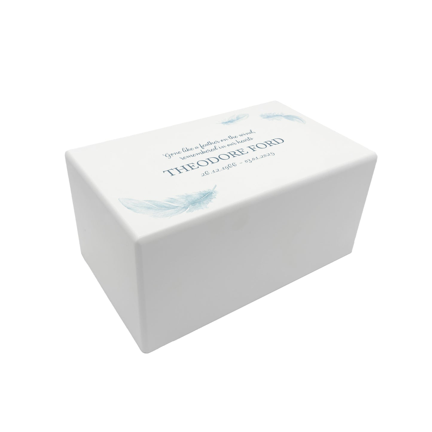 Luxury solid wooden white painted Urn with Floating Feathers, a watercolour illustration, our urns and Caskets for displaying or burying ashes. Customisable and can be personalised. Perfect funeral memory keepsake urn, for storing ashes for humans and pets. 