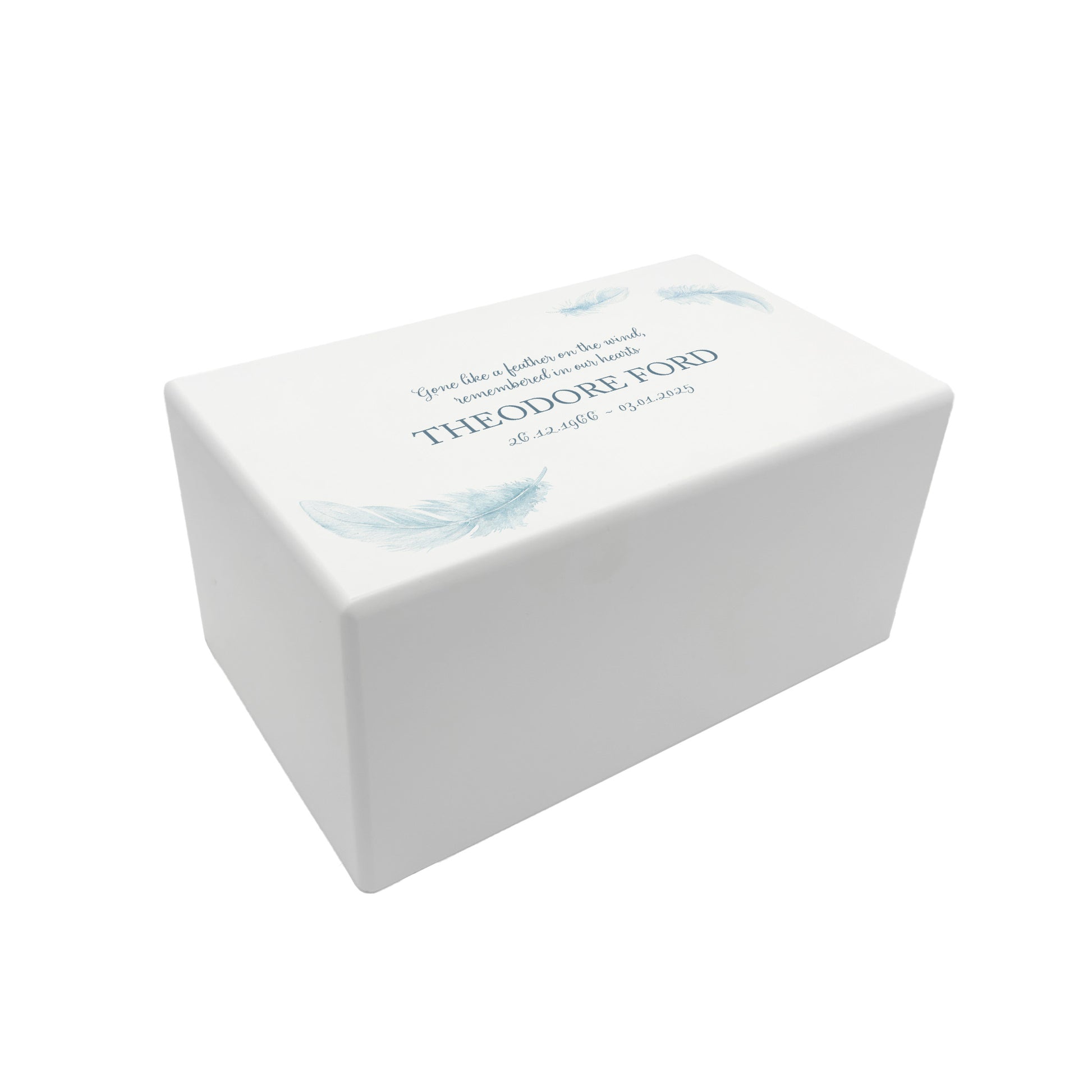 Luxury solid wooden white painted Urn with Floating Feathers, a watercolour illustration, our urns and Caskets for displaying or burying ashes. Customisable and can be personalised. Perfect funeral memory keepsake urn, for storing ashes for humans and pets. 