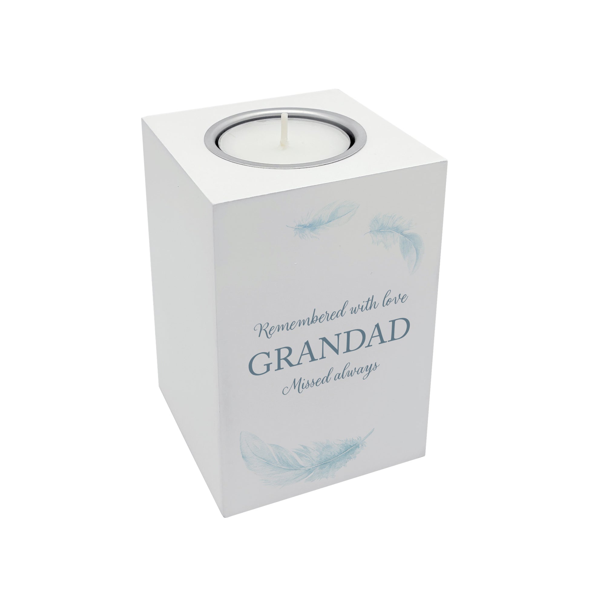 wooden cuboid luxury tealight holder with gorgeous personalised options . Each product is lovingly designed, handmade with our Countryside inspired watercolour designs. This design features a Feathers, unique designs to remember a loved on, great for memorial occasions 