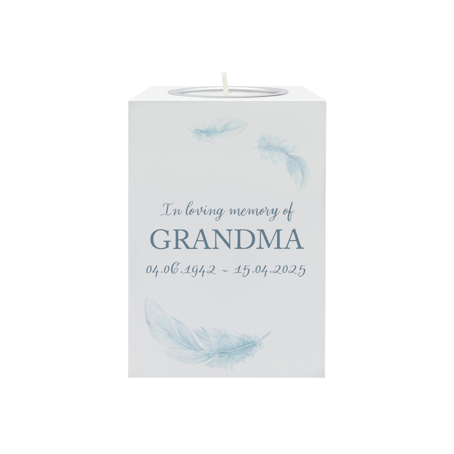 wooden cuboid luxury tealight holder with gorgeous personalised options . Each product is lovingly designed, handmade with our Countryside inspired watercolour designs. This design features a Feathers, unique designs to remember a loved on, great for memorial occasions 
