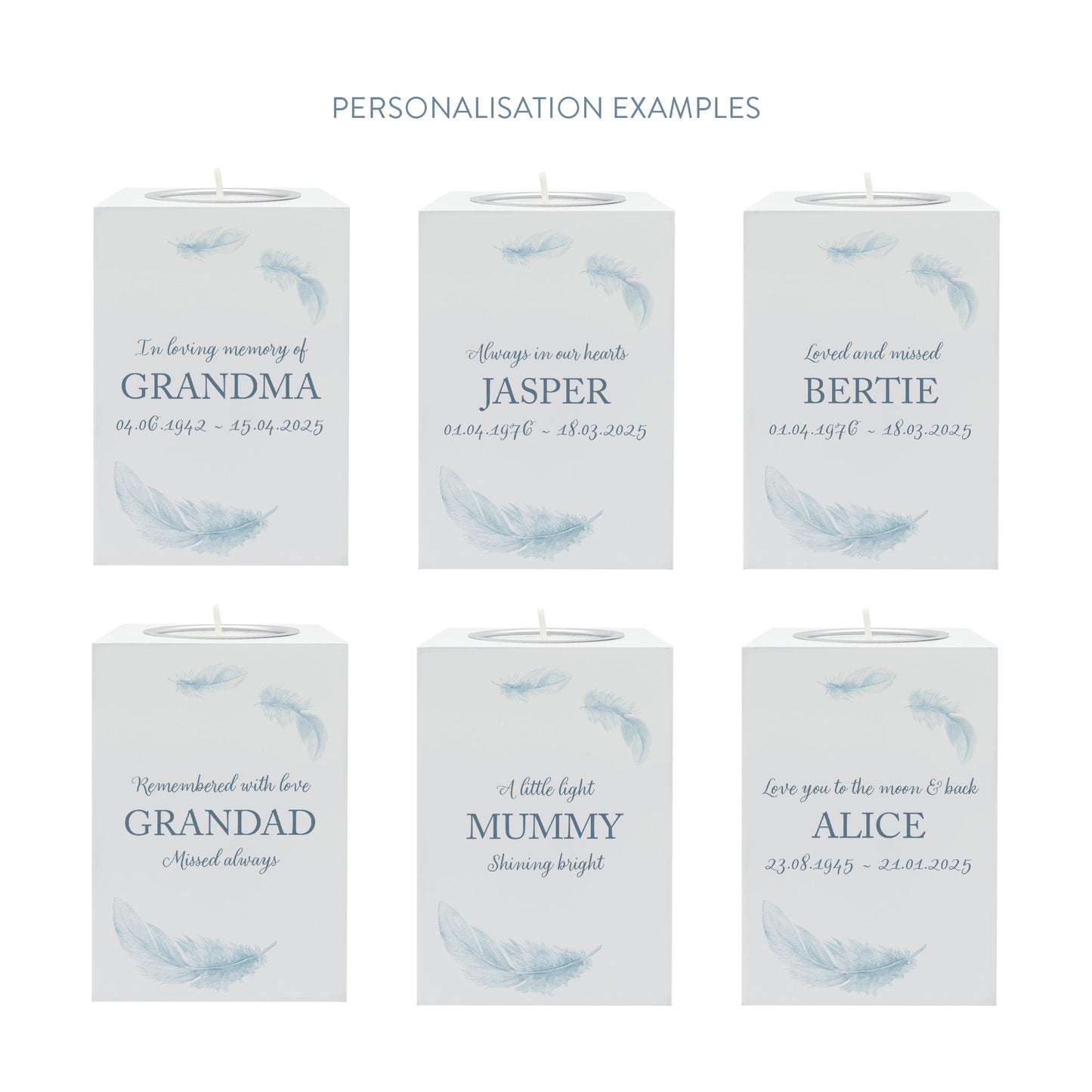 wooden cuboid luxury tealight holder with gorgeous personalised options . Each product is lovingly designed, handmade with our Countryside inspired watercolour designs. This design features a Feathers, unique designs to remember a loved on, great for memorial occasions 