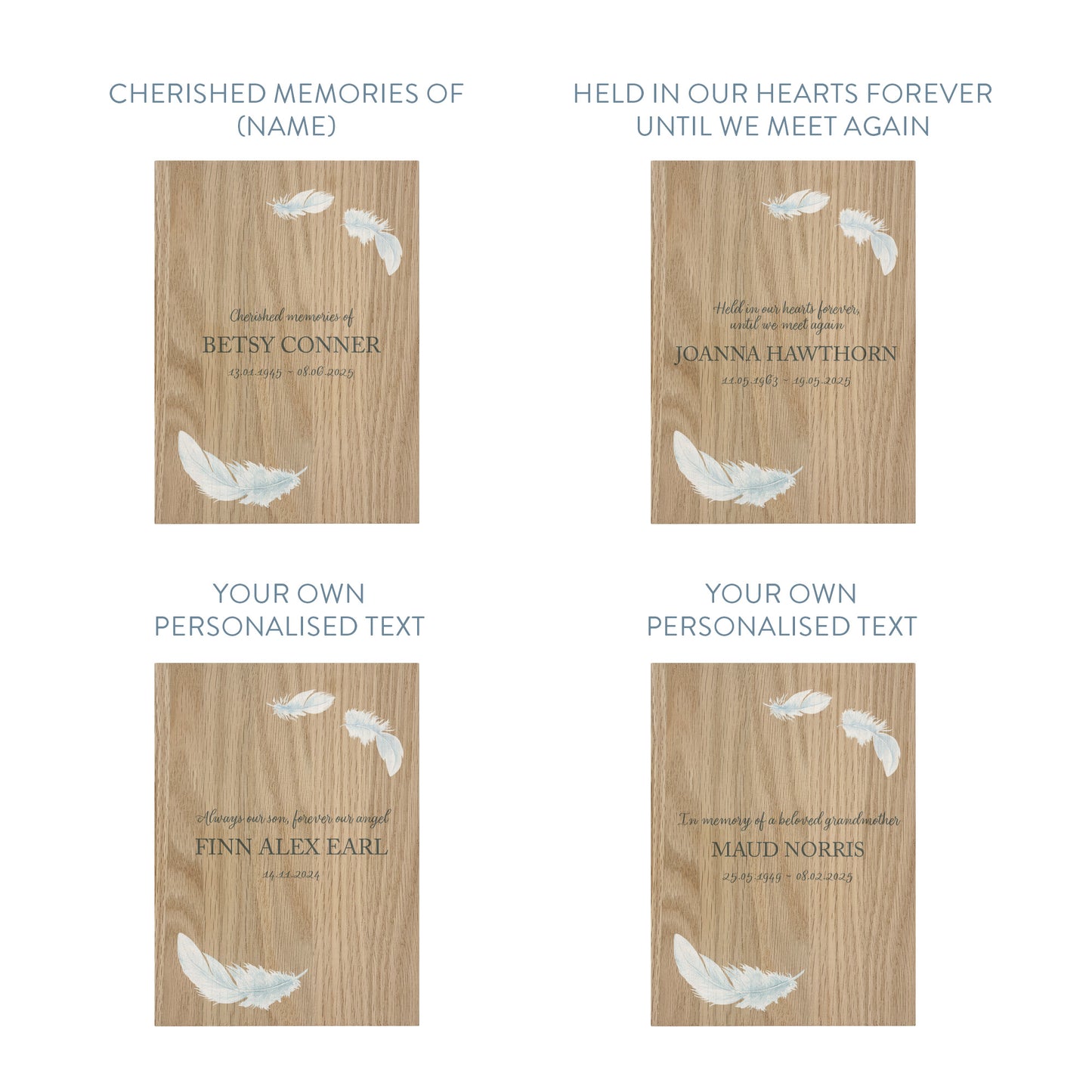 Memorial Solid Oak Photo Frame, personalise with your own message or select from our drop down selection. handmade watercolour paintings, this design features Feathers.