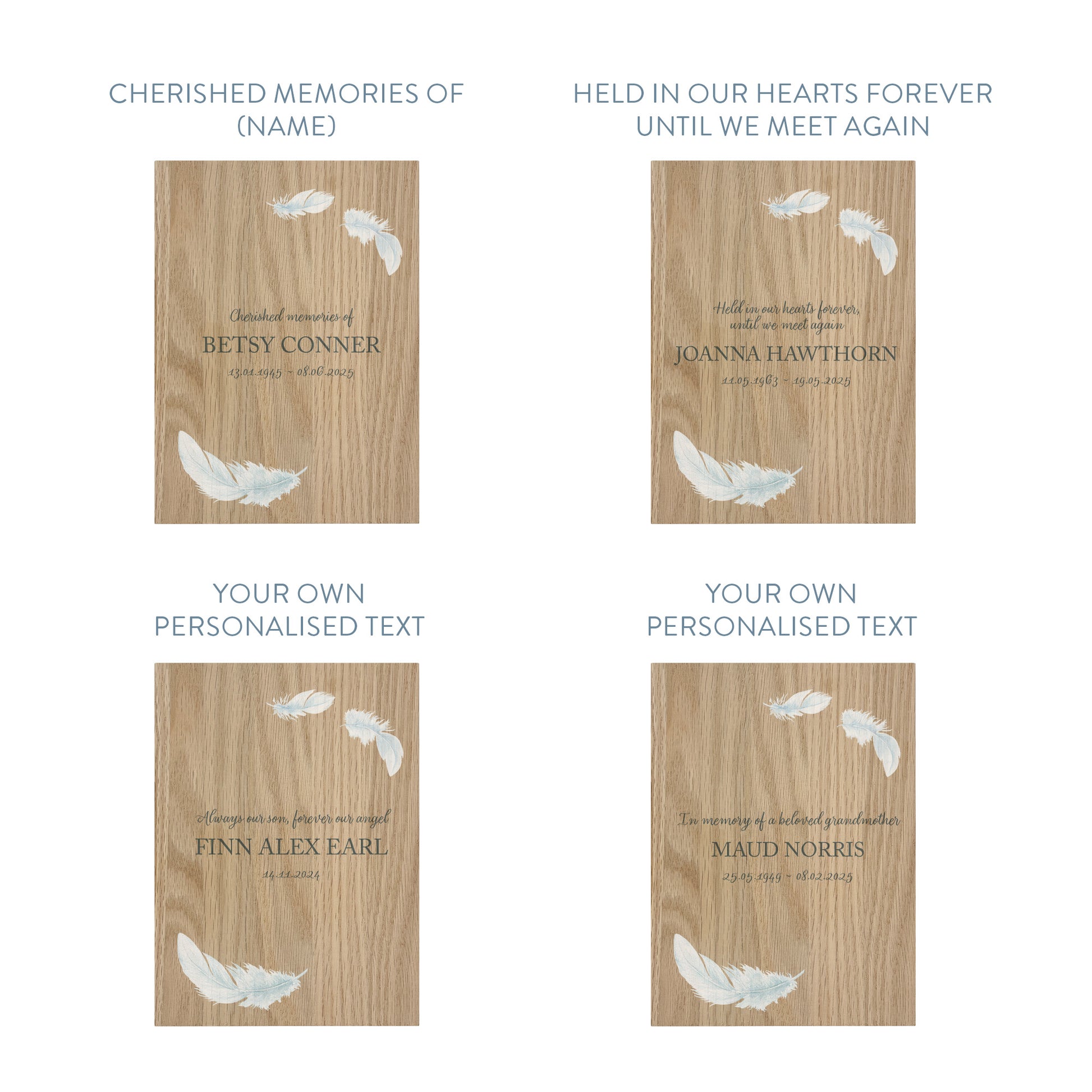 Memorial Solid Oak Photo Frame, personalise with your own message or select from our drop down selection. handmade watercolour paintings, this design features Feathers.