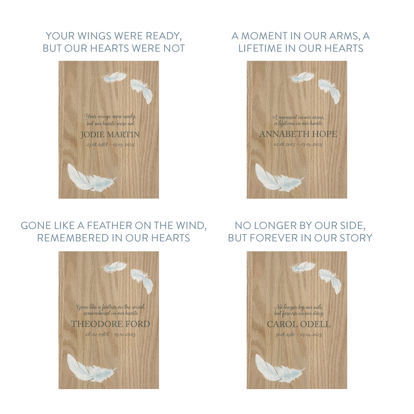 Memorial Solid Oak Photo Frame, personalise with your own message or select from our drop down selection. handmade watercolour paintings, this design features Feathers.