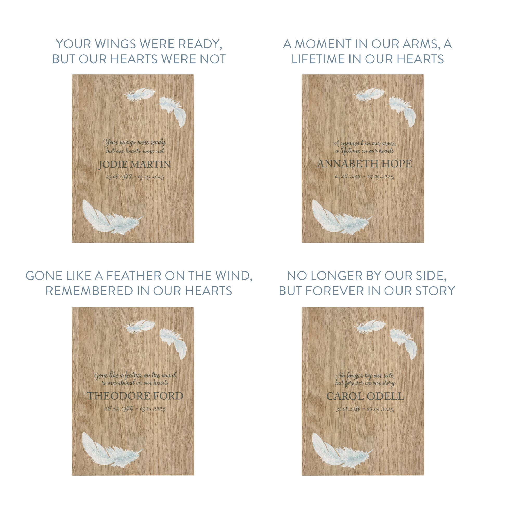 Memorial Solid Oak Photo Frame, personalise with your own message or select from our drop down selection. handmade watercolour paintings, this design features Feathers.