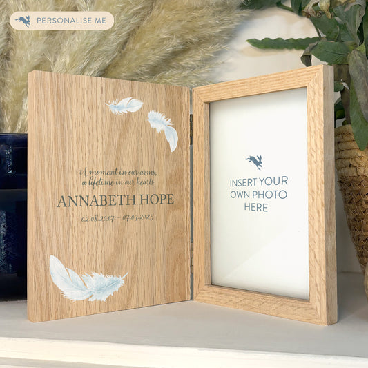 Memorial Solid Oak Photo Frame, personalise with your own message or select from our drop down selection. handmade watercolour paintings, this design features Feathers.