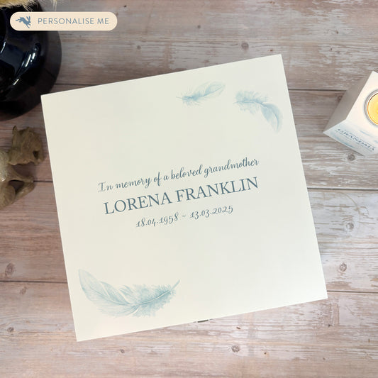 White Square personalised Wooden box with a decorative lid featuring illustrations of floating Feathers, Perfect funeral memory keepsake box, for storing ashes, order of service, flowers and capturing your loved ones things in one place. 