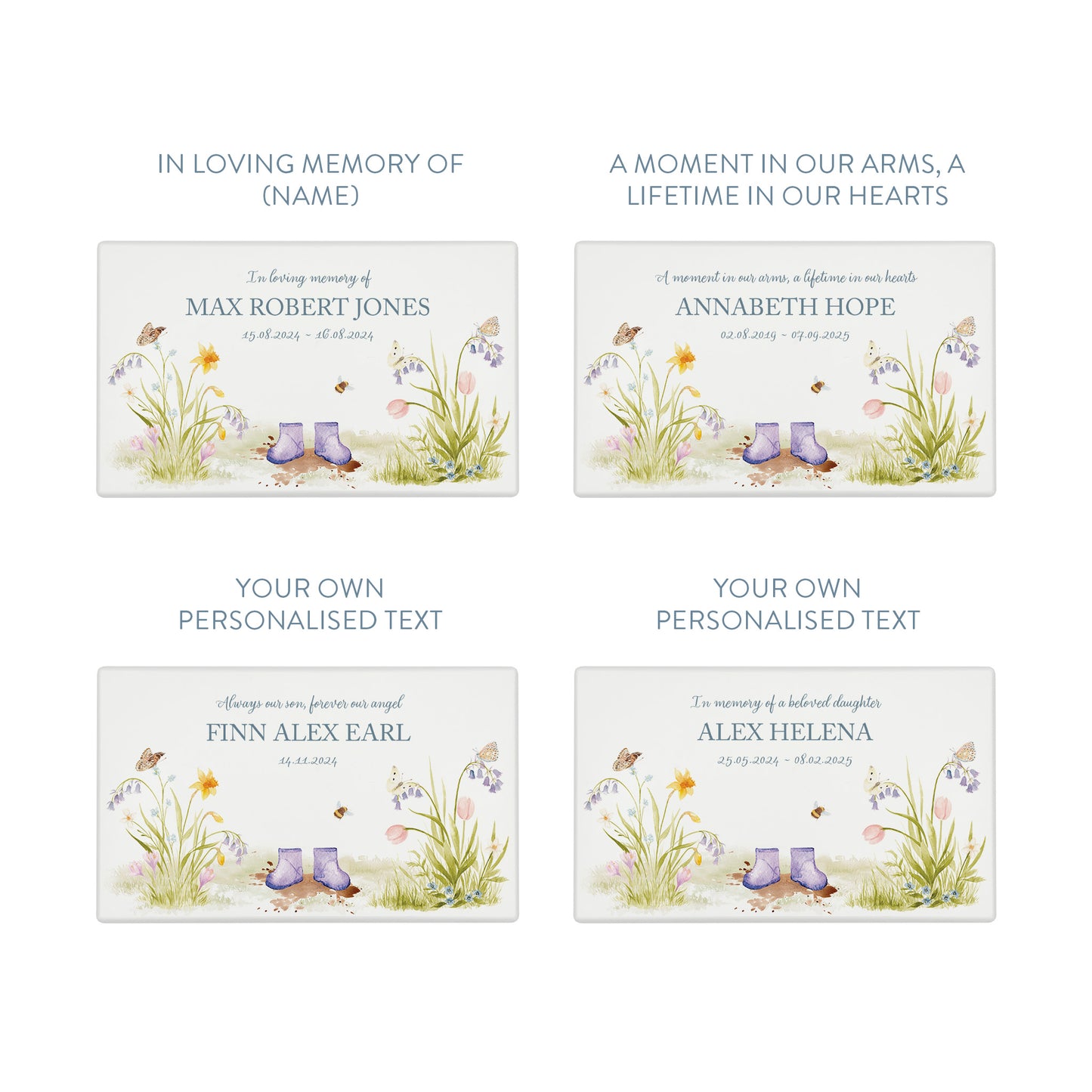 Luxury solid wooden white painted Urn ,  Featuring a flower Garden with Children's wellies in several colours. A watercolour illustration, our urns and Caskets for displaying or burying ashes. Customisable and can be personalised. Perfect funeral memory keepsake urn, for storing ashes for humans and pets. coping with baby loss, baby keepsake and memories 