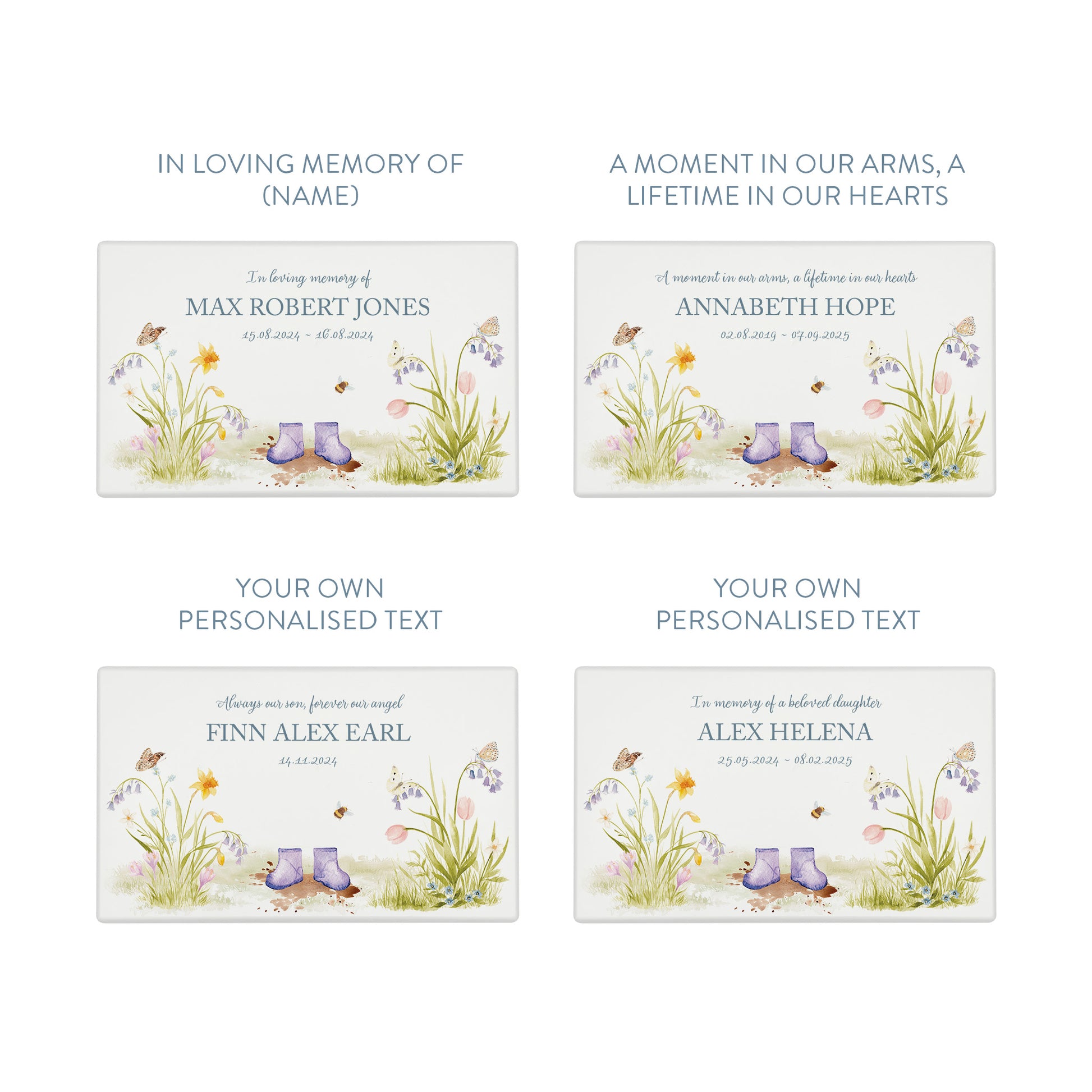 Luxury solid wooden white painted Urn ,  Featuring a flower Garden with Children's wellies in several colours. A watercolour illustration, our urns and Caskets for displaying or burying ashes. Customisable and can be personalised. Perfect funeral memory keepsake urn, for storing ashes for humans and pets. coping with baby loss, baby keepsake and memories 