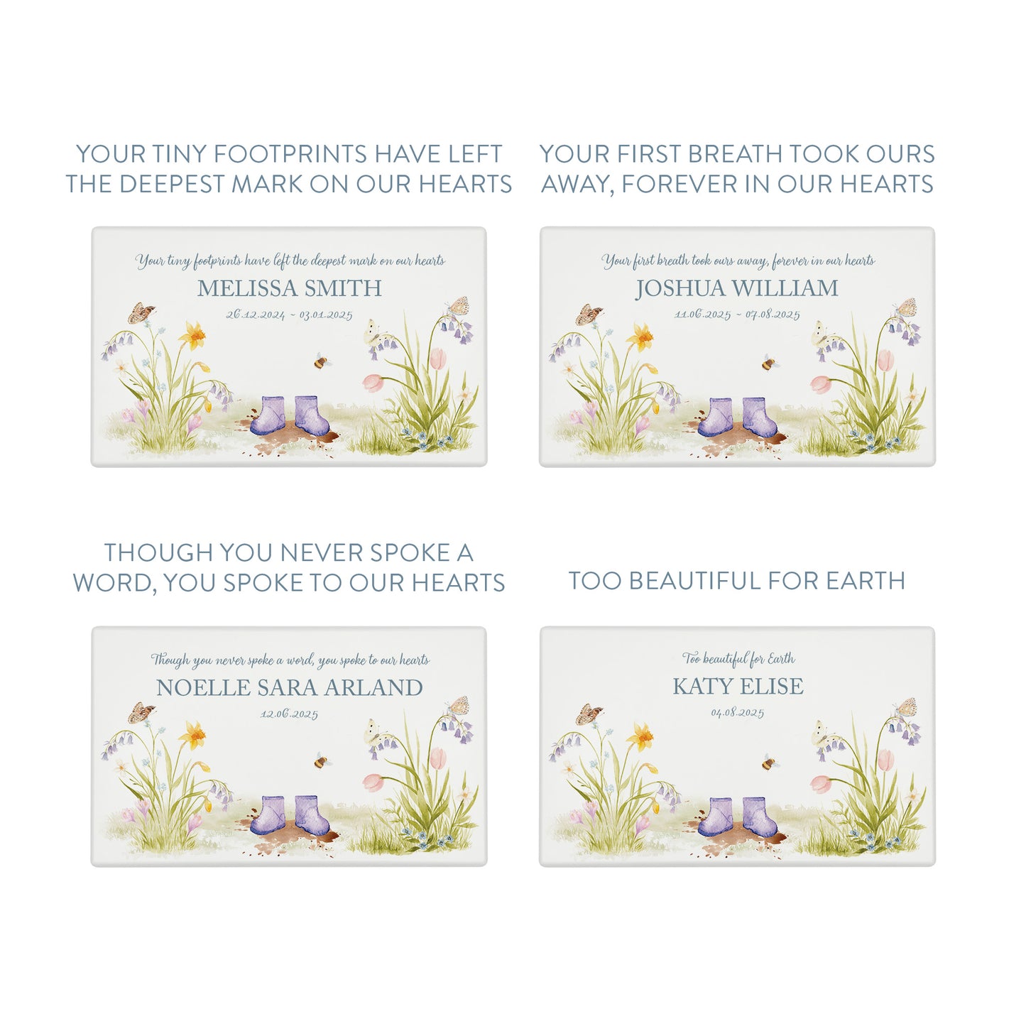Luxury solid wooden white painted Urn ,  Featuring a flower Garden with Children's wellies in several colours. A watercolour illustration, our urns and Caskets for displaying or burying ashes. Customisable and can be personalised. Perfect funeral memory keepsake urn, for storing ashes for humans and pets. coping with baby loss, baby keepsake and memories 