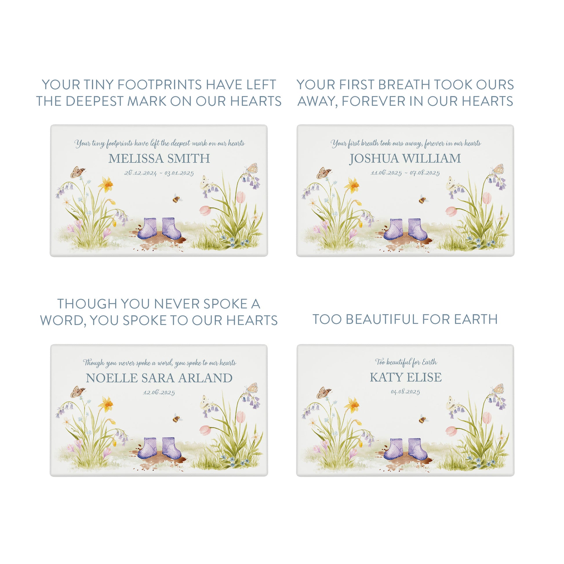 Luxury solid wooden white painted Urn ,  Featuring a flower Garden with Children's wellies in several colours. A watercolour illustration, our urns and Caskets for displaying or burying ashes. Customisable and can be personalised. Perfect funeral memory keepsake urn, for storing ashes for humans and pets. coping with baby loss, baby keepsake and memories 