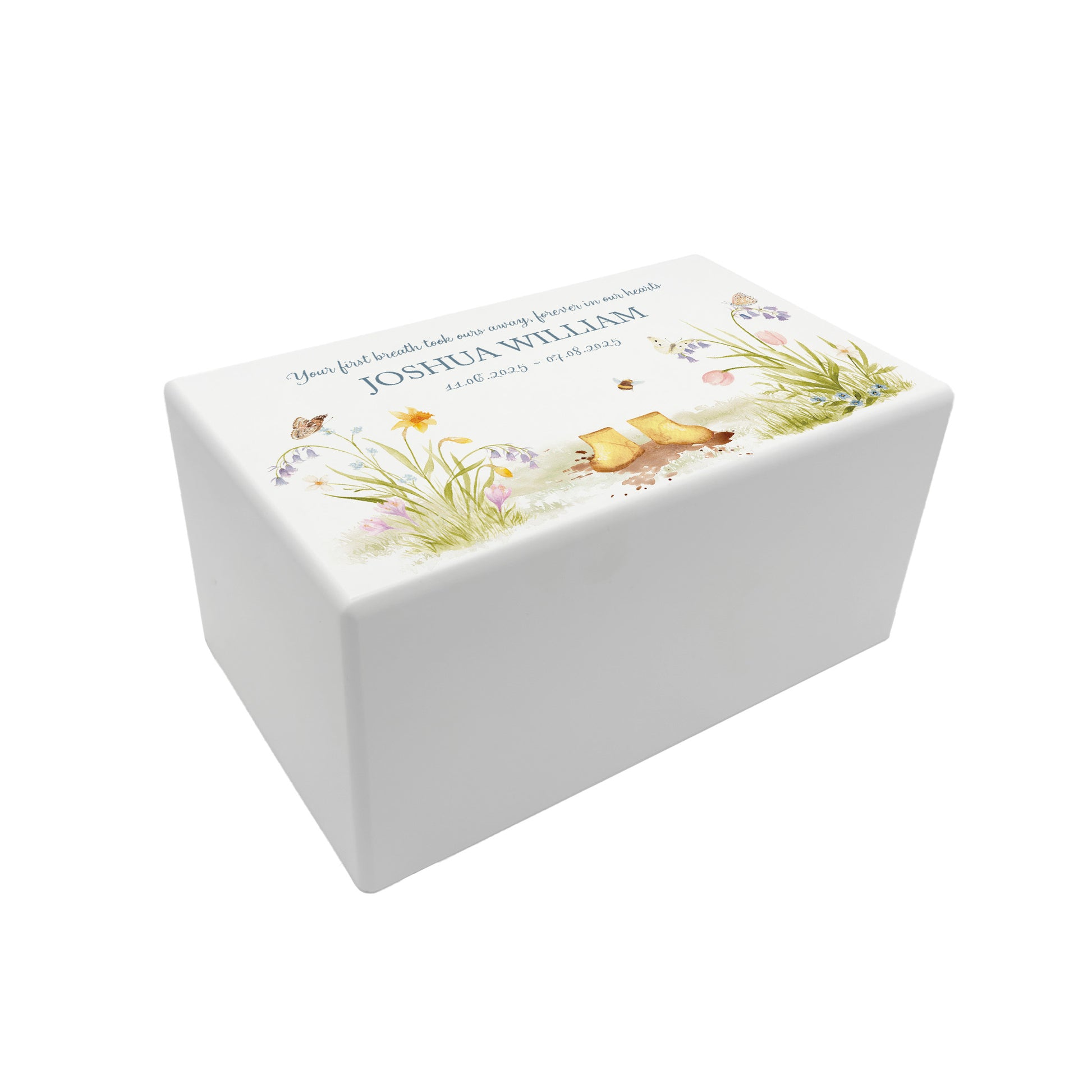 Luxury solid wooden white painted Urn ,  Featuring a flower Garden with Children's wellies in several colours. A watercolour illustration, our urns and Caskets for displaying or burying ashes. Customisable and can be personalised. Perfect funeral memory keepsake urn, for storing ashes for humans and pets. coping with baby loss, baby keepsake and memories 