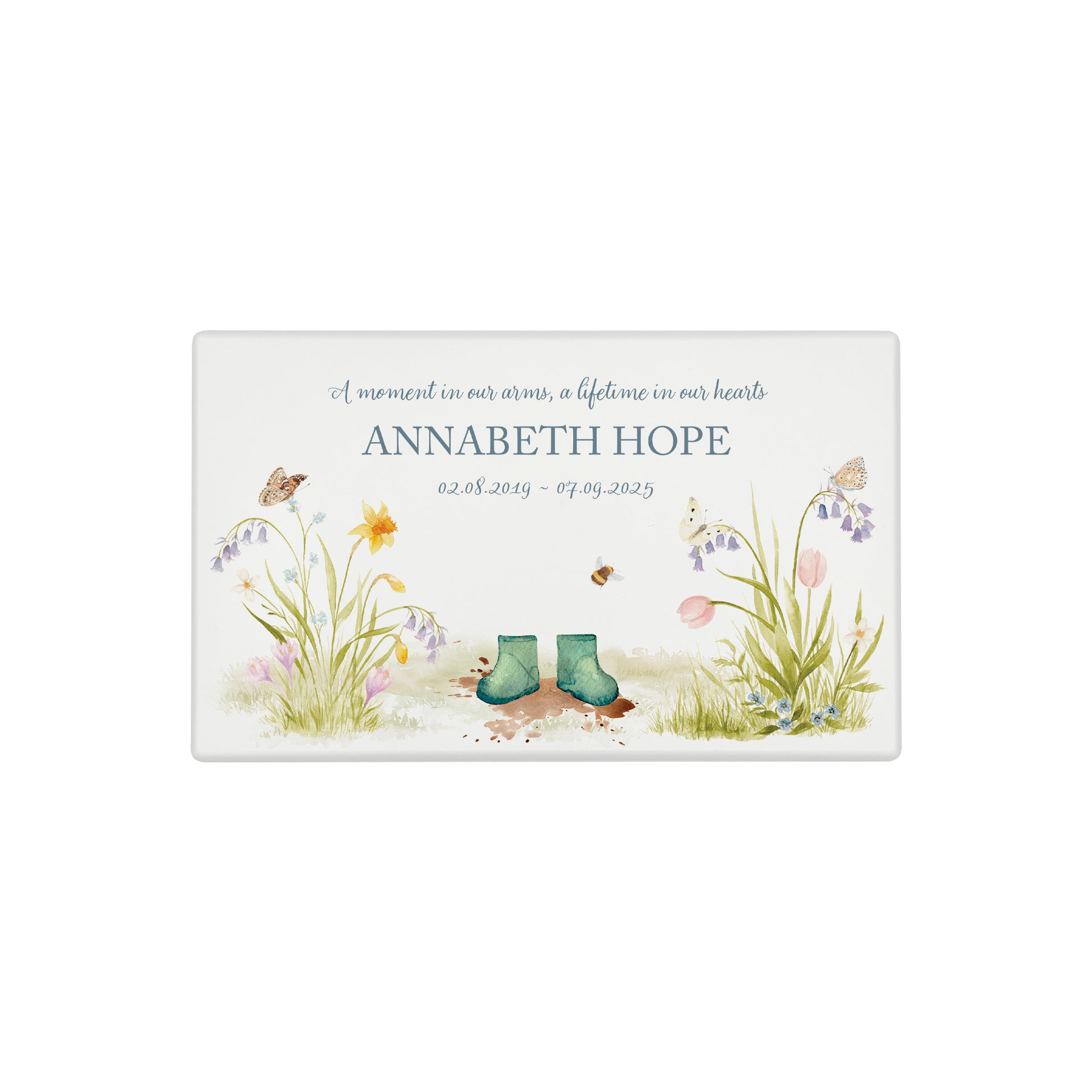 Luxury solid wooden white painted Urn ,  Featuring a flower Garden with Children's wellies in several colours. A watercolour illustration, our urns and Caskets for displaying or burying ashes. Customisable and can be personalised. Perfect funeral memory keepsake urn, for storing ashes for humans and pets. coping with baby loss, baby keepsake and memories 