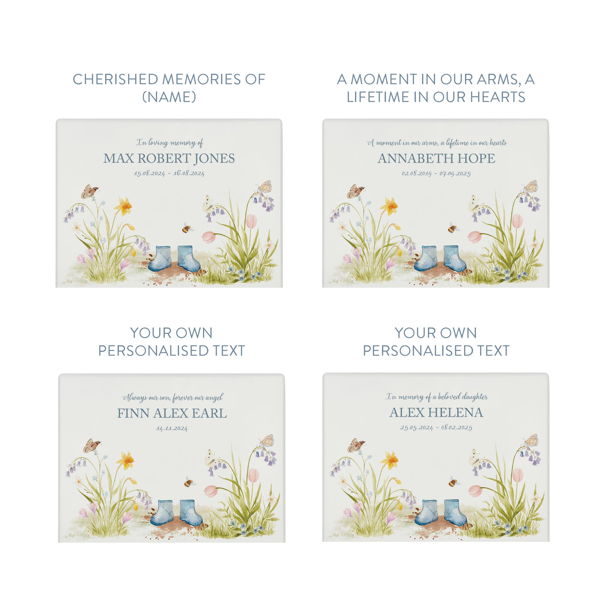 Luxury solid wooden white painted Flower Garden with children's wellies in several colour options on Branches watercolour illustration our urns and Caskets for displaying or burying ashes. Customisable and can be personalised. Perfect funeral memory keepsake urn, for storing ashes for humans and pets coping with baby loss 