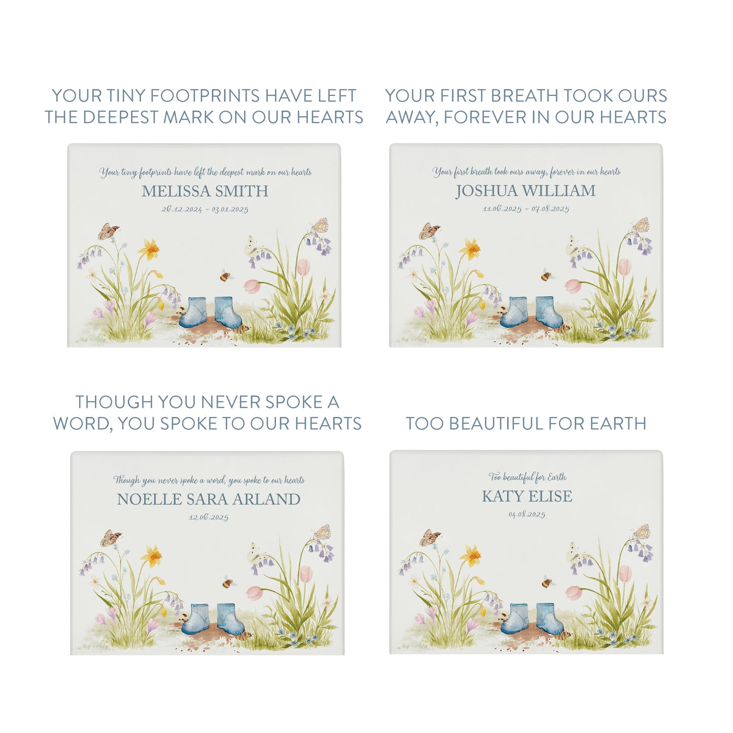 Luxury solid wooden white painted Flower Garden with children's wellies in several colour options on Branches watercolour illustration our urns and Caskets for displaying or burying ashes. Customisable and can be personalised. Perfect funeral memory keepsake urn, for storing ashes for humans and pets coping with baby loss 