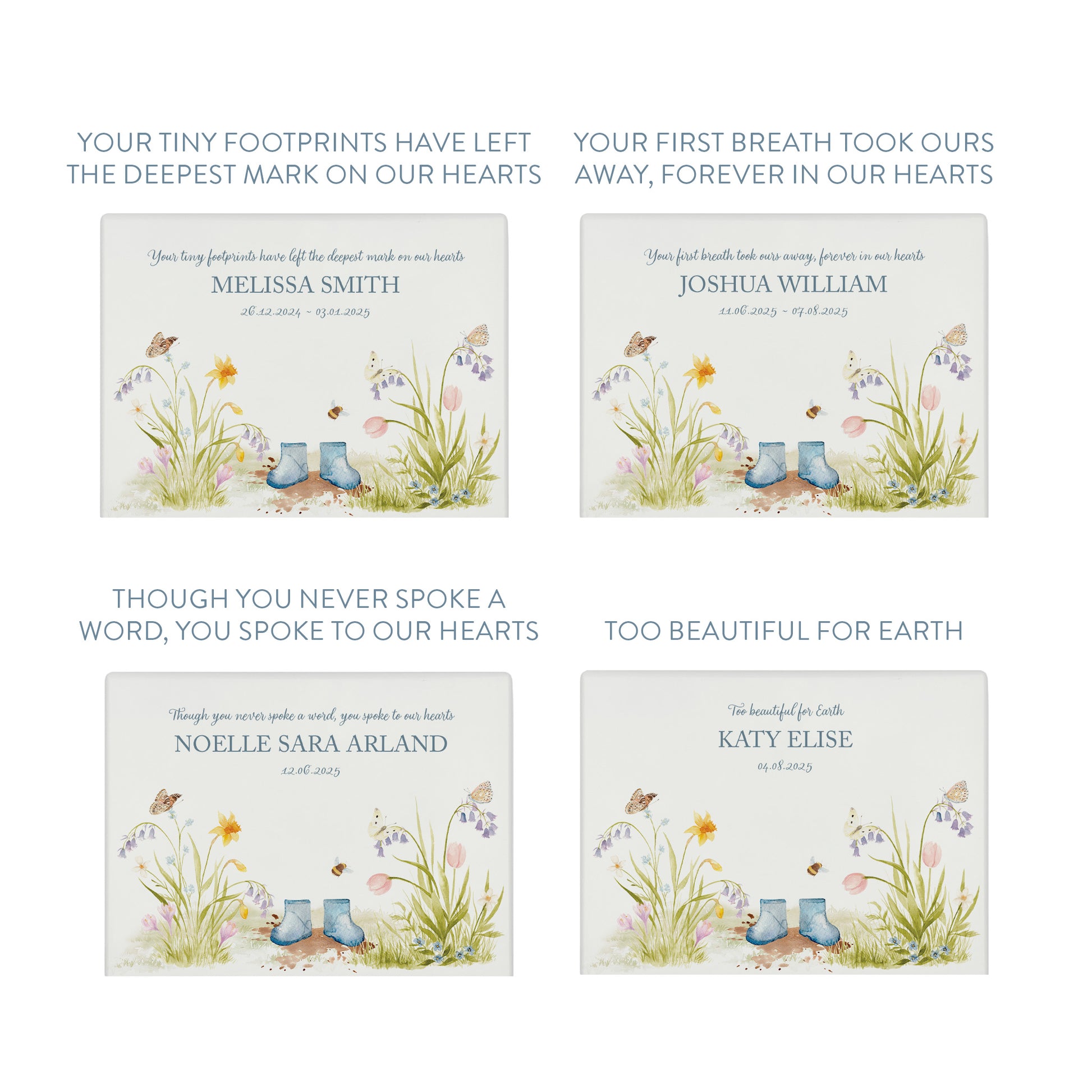 Luxury solid wooden white painted Flower Garden with children's wellies in several colour options on Branches watercolour illustration our urns and Caskets for displaying or burying ashes. Customisable and can be personalised. Perfect funeral memory keepsake urn, for storing ashes for humans and pets coping with baby loss 