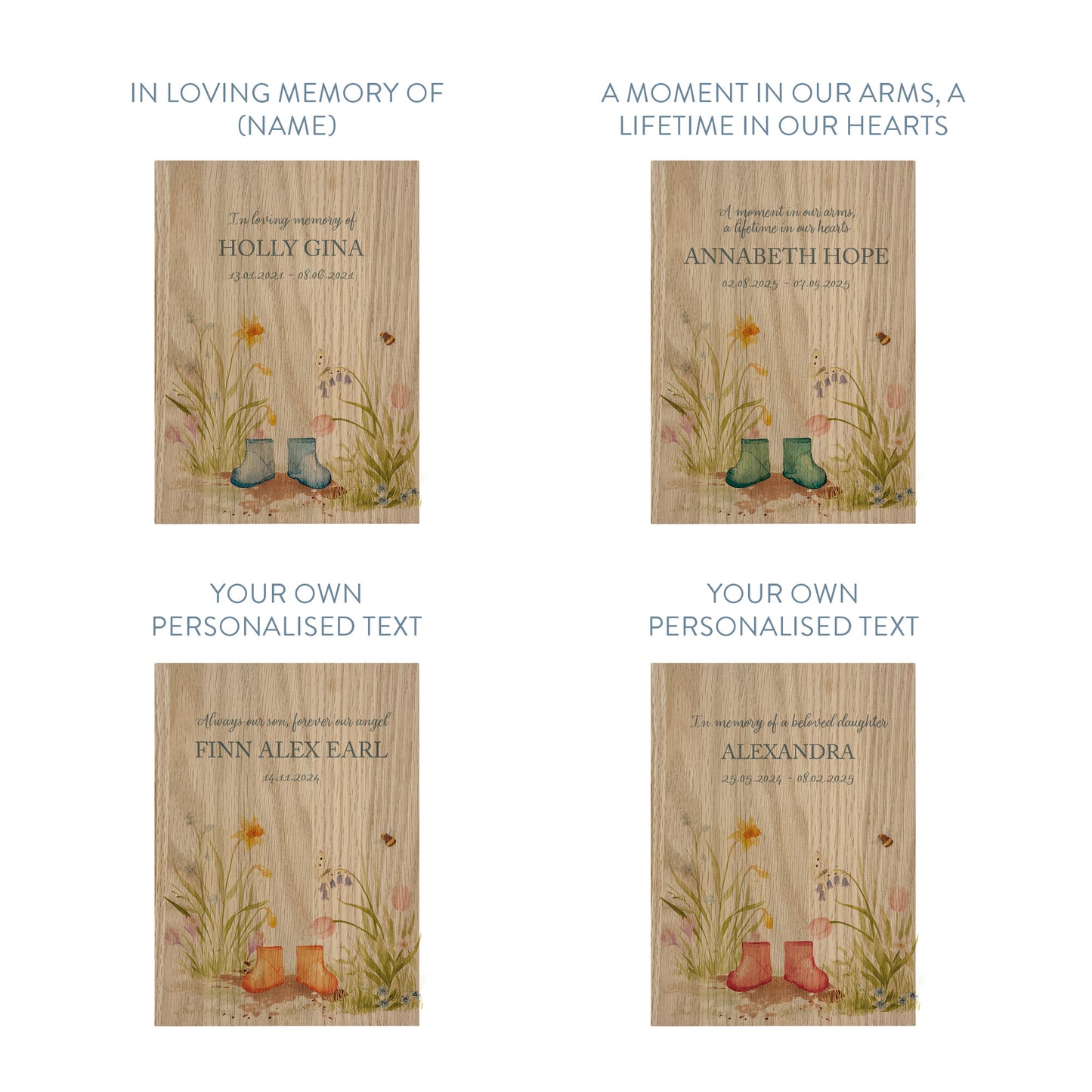 Memorial Solid Oak Photo Frame, personalise with your own message or select from our drop down selection. handmade watercolour paintings, this design features a flower Garden with children's welly boots in the middles, available in various colours- Copy with baby loss 