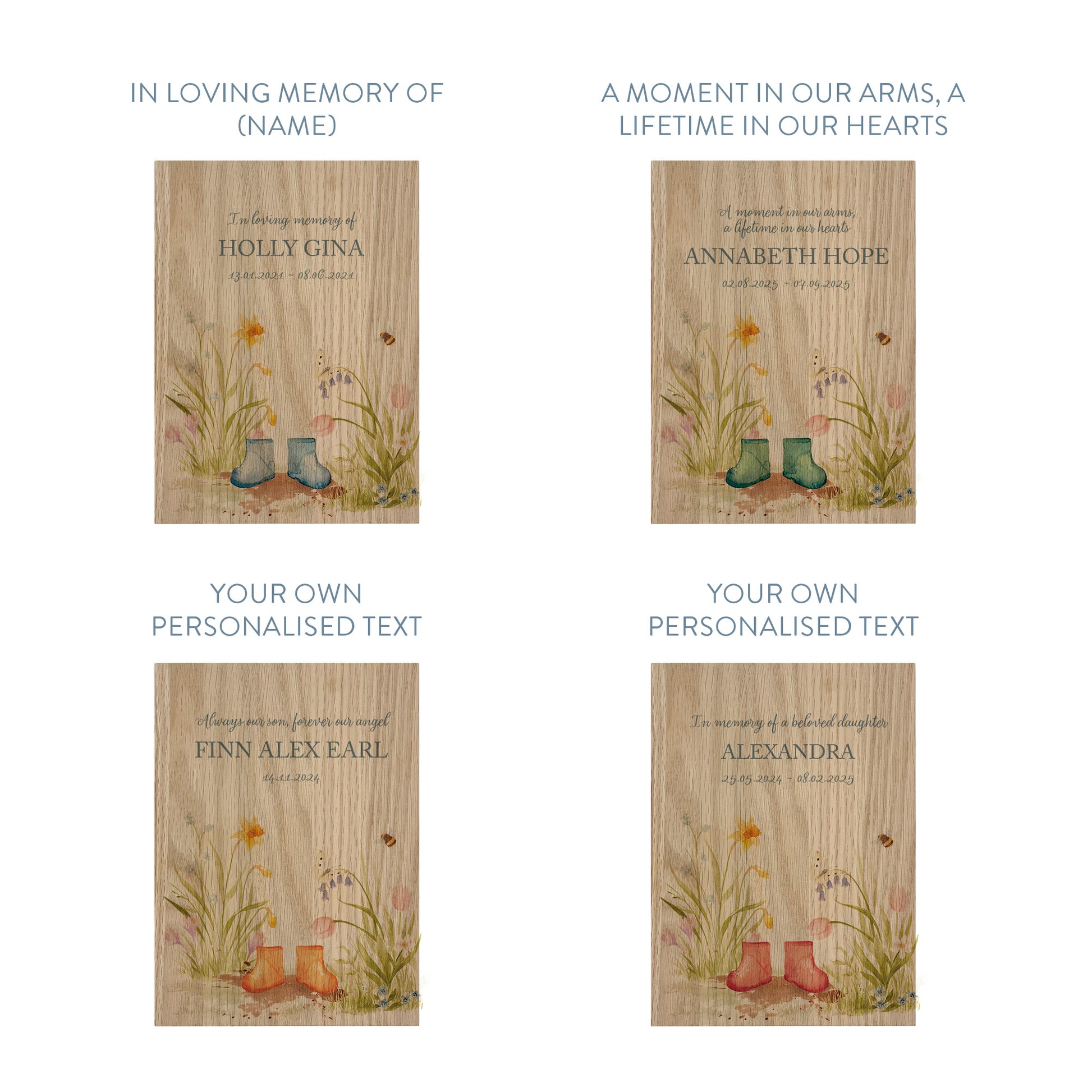 Memorial Solid Oak Photo Frame, personalise with your own message or select from our drop down selection. handmade watercolour paintings, this design features a flower Garden with children's welly boots in the middles, available in various colours- Copy with baby loss 