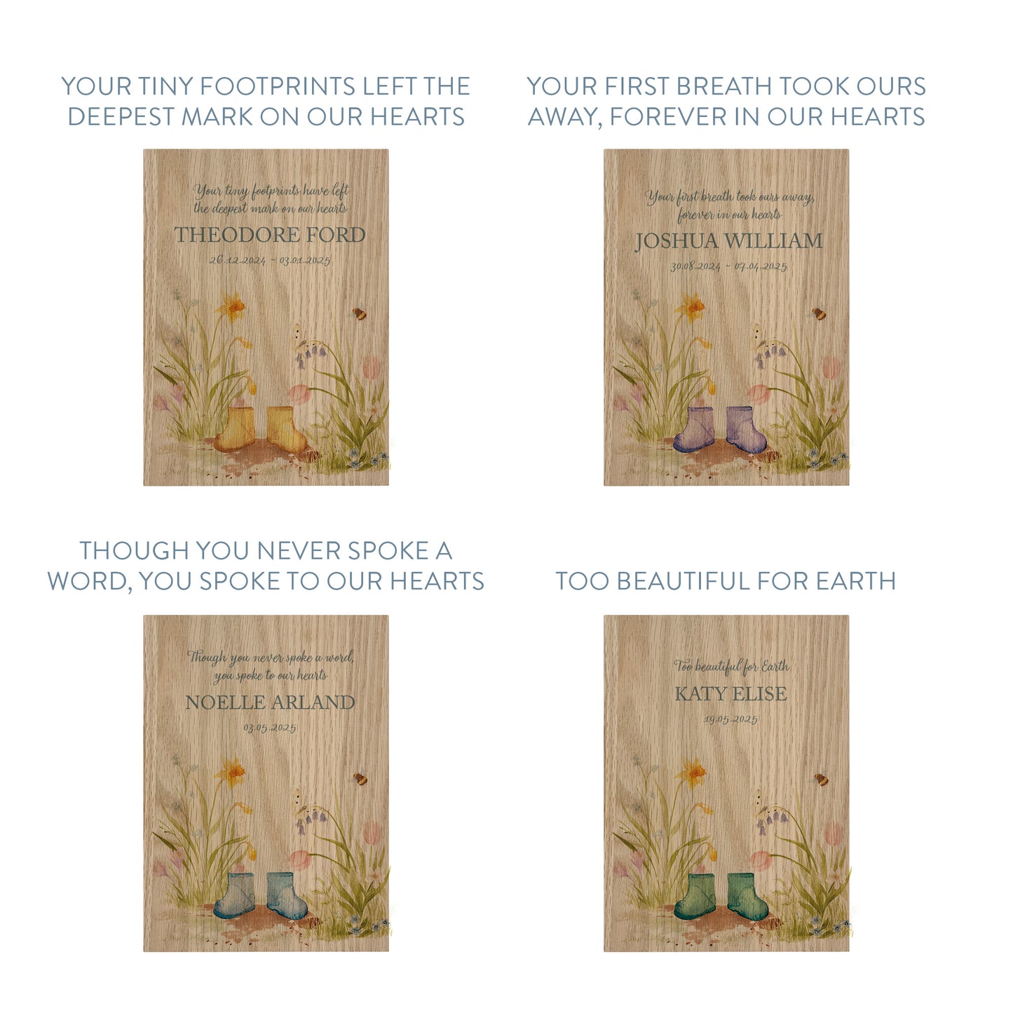 Memorial Solid Oak Photo Frame, personalise with your own message or select from our drop down selection. handmade watercolour paintings, this design features a flower Garden with children's welly boots in the middles, available in various colours- Copy with baby loss 