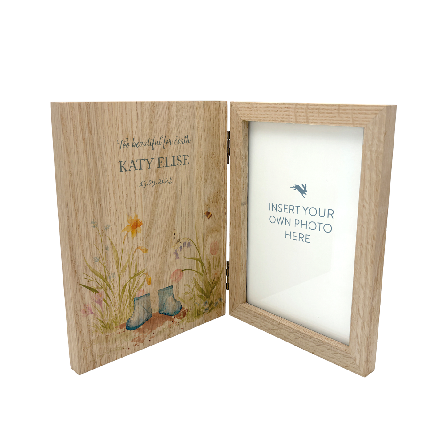 Memorial Solid Oak Photo Frame, personalise with your own message or select from our drop down selection. handmade watercolour paintings, this design features a flower Garden with children's welly boots in the middles, available in various colours- Copy with baby loss 