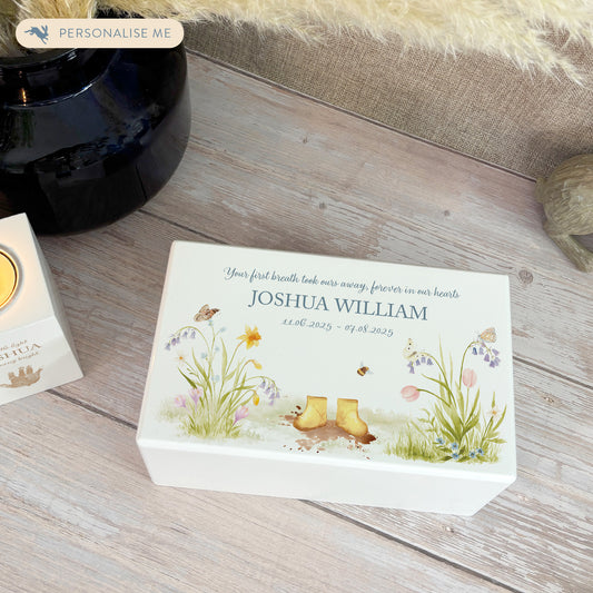 Luxury solid wooden white painted Urn ,  Featuring a flower Garden with Children's wellies in several colours. A watercolour illustration, our urns and Caskets for displaying or burying ashes. Customisable and can be personalised. Perfect funeral memory keepsake urn, for storing ashes for humans and pets. coping with baby loss, baby keepsake and memories 