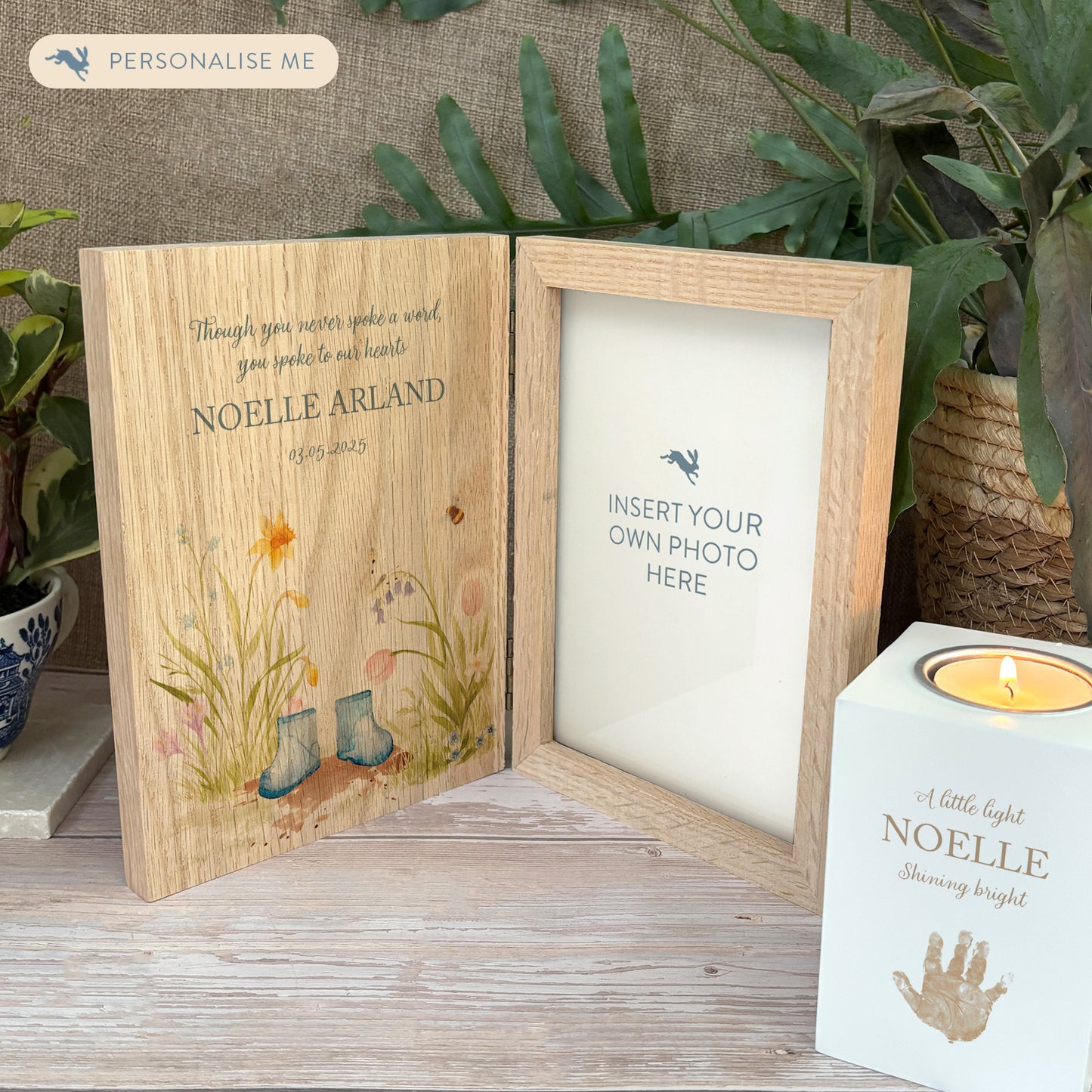 Memorial Solid Oak Photo Frame, personalise with your own message or select from our drop down selection. handmade watercolour paintings, this design features a flower Garden with children's welly boots in the middles, available in various colours- Copy with baby loss 