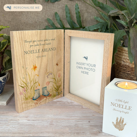 Memorial Solid Oak Photo Frame, personalise with your own message or select from our drop down selection. handmade watercolour paintings, this design features a flower Garden with children's welly boots in the middles, available in various colours- Copy with baby loss 