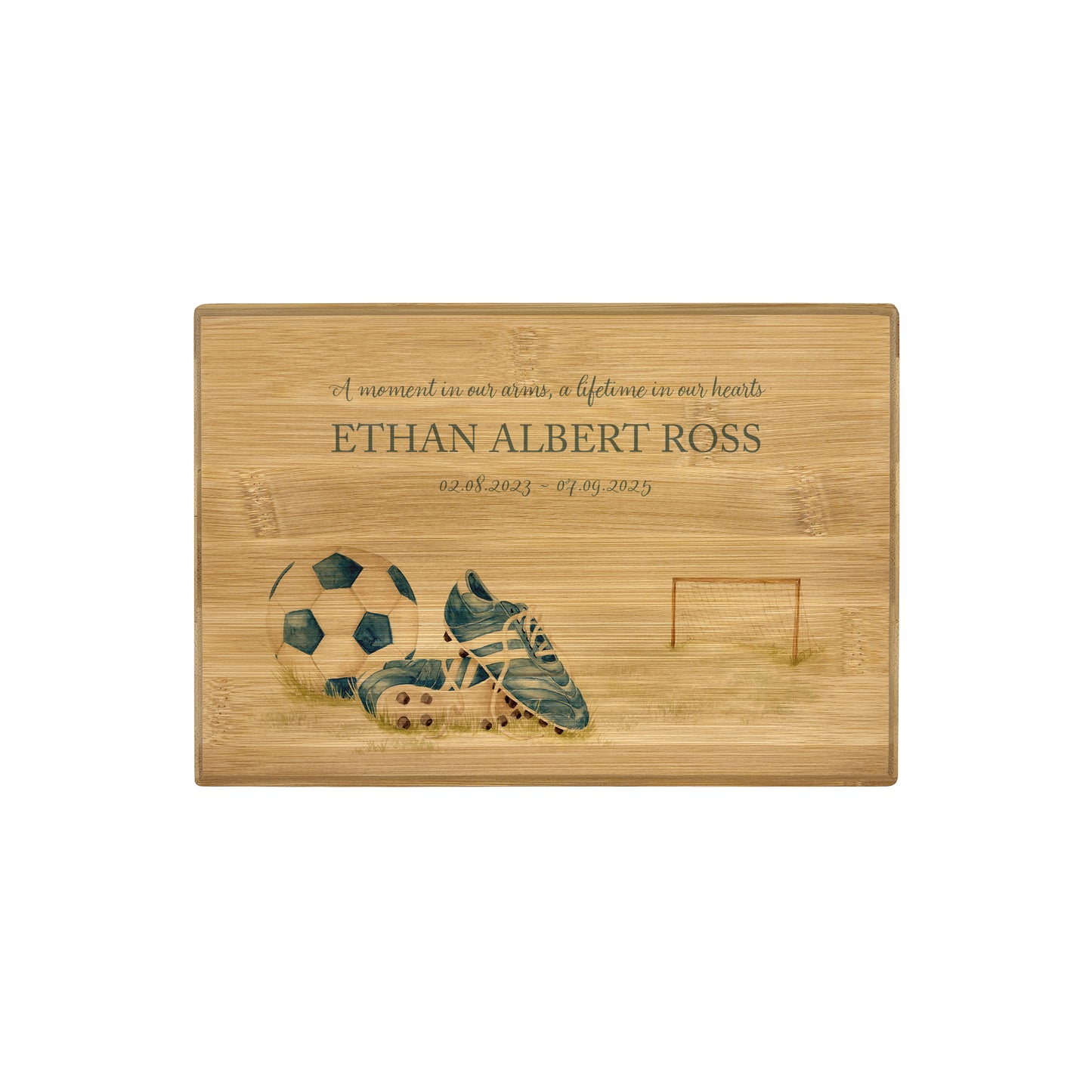 A beautifully crafted solid Bamboo wooden urn, personalised and finished with a soft watercolour design of Football boots, goal and ball. Perfect for the football lover- Great for Dad, Grandad, Brother, Son, Uncle.  Thoughtfully made for either display or burial, this personalised urn can be customised to create a meaningful memorial. Perfect for holding ashes of a loved one or a beloved pet, it serves as a comforting tribute and keepsake. 