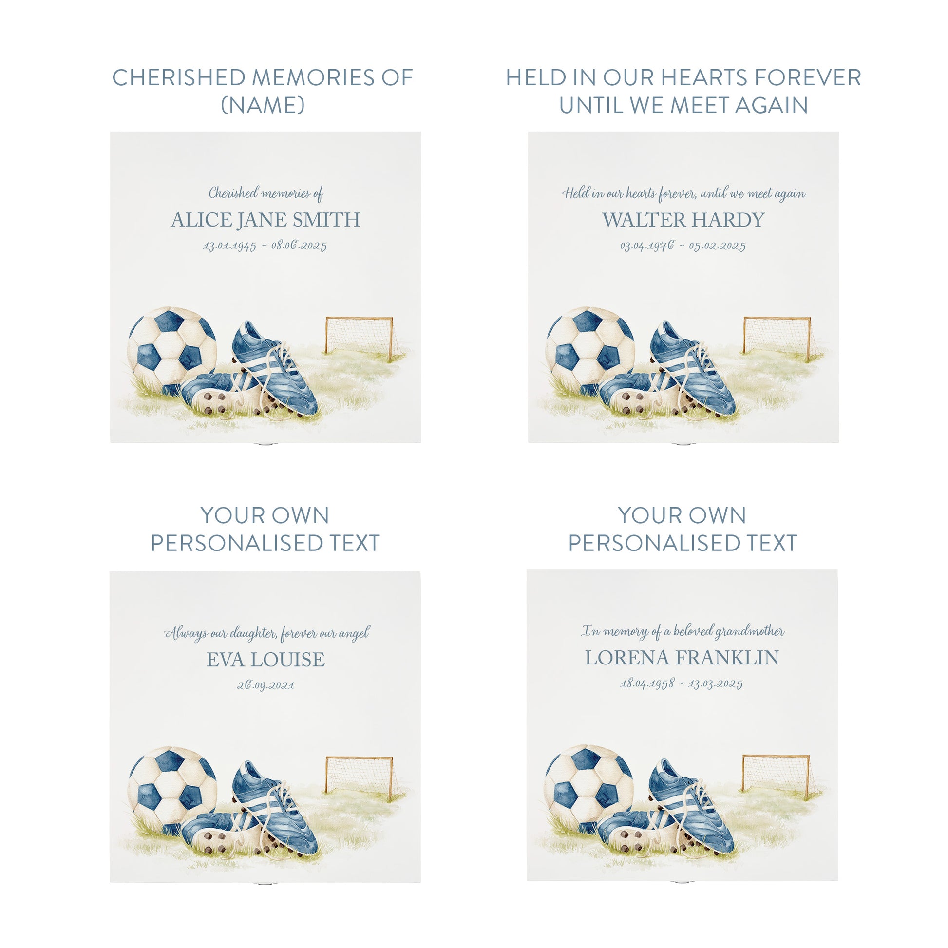 White Square personalised Wooden box with a decorative lid featuring illustrations of a pair of football boots in blue, a goal and football. Perfect funeral memory keepsake box, for storing ashes, order of service, flowers and capturing your loved ones things in one place. 