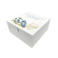 White Square personalised Wooden box with a decorative lid featuring illustrations of a pair of football boots in blue, a goal and football. Perfect funeral memory keepsake box, for storing ashes, order of service, flowers and capturing your loved ones things in one place. 