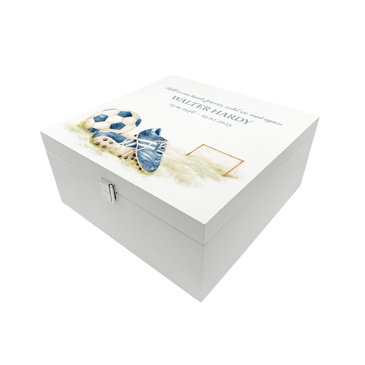 White Square personalised Wooden box with a decorative lid featuring illustrations of a pair of football boots in blue, a goal and football. Perfect funeral memory keepsake box, for storing ashes, order of service, flowers and capturing your loved ones things in one place. 
