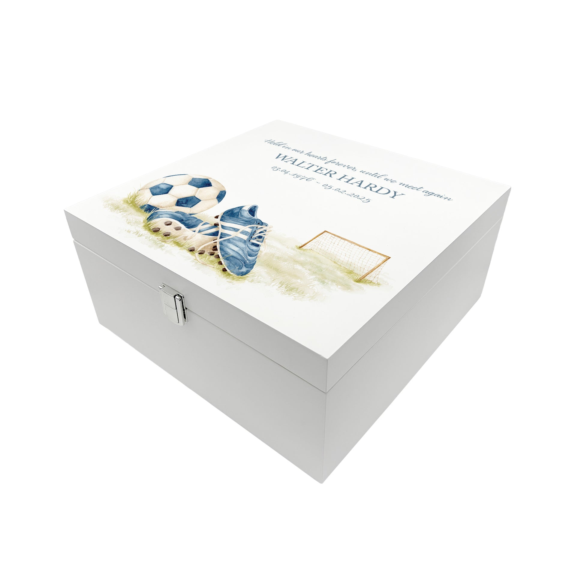 White Square personalised Wooden box with a decorative lid featuring illustrations of a pair of football boots in blue, a goal and football. Perfect funeral memory keepsake box, for storing ashes, order of service, flowers and capturing your loved ones things in one place. 