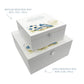 White Square personalised Wooden box with a decorative lid featuring illustrations of a pair of football boots in blue, a goal and football. Perfect funeral memory keepsake box, for storing ashes, order of service, flowers and capturing your loved ones things in one place. 