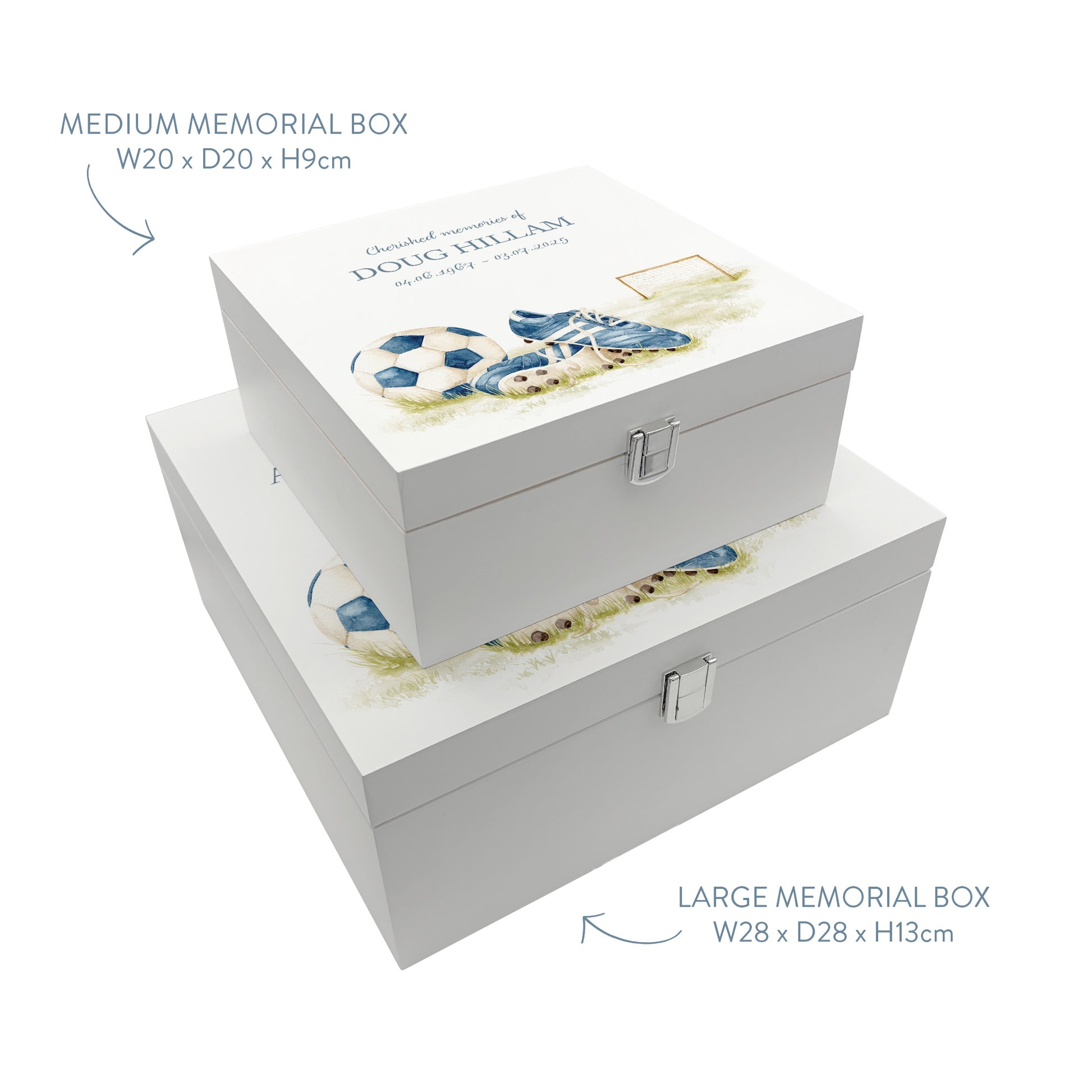 White Square personalised Wooden box with a decorative lid featuring illustrations of a pair of football boots in blue, a goal and football. Perfect funeral memory keepsake box, for storing ashes, order of service, flowers and capturing your loved ones things in one place. 