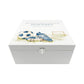 White Square personalised Wooden box with a decorative lid featuring illustrations of a pair of football boots in blue, a goal and football. Perfect funeral memory keepsake box, for storing ashes, order of service, flowers and capturing your loved ones things in one place. 