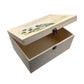 Wooden box with a decorative lid featuring illustrations of a pair of football boots, goal and football, Perfect funeral memory keepsake box, for storing ashes, order of service, flowers. capturing your loved ones favourite hobby