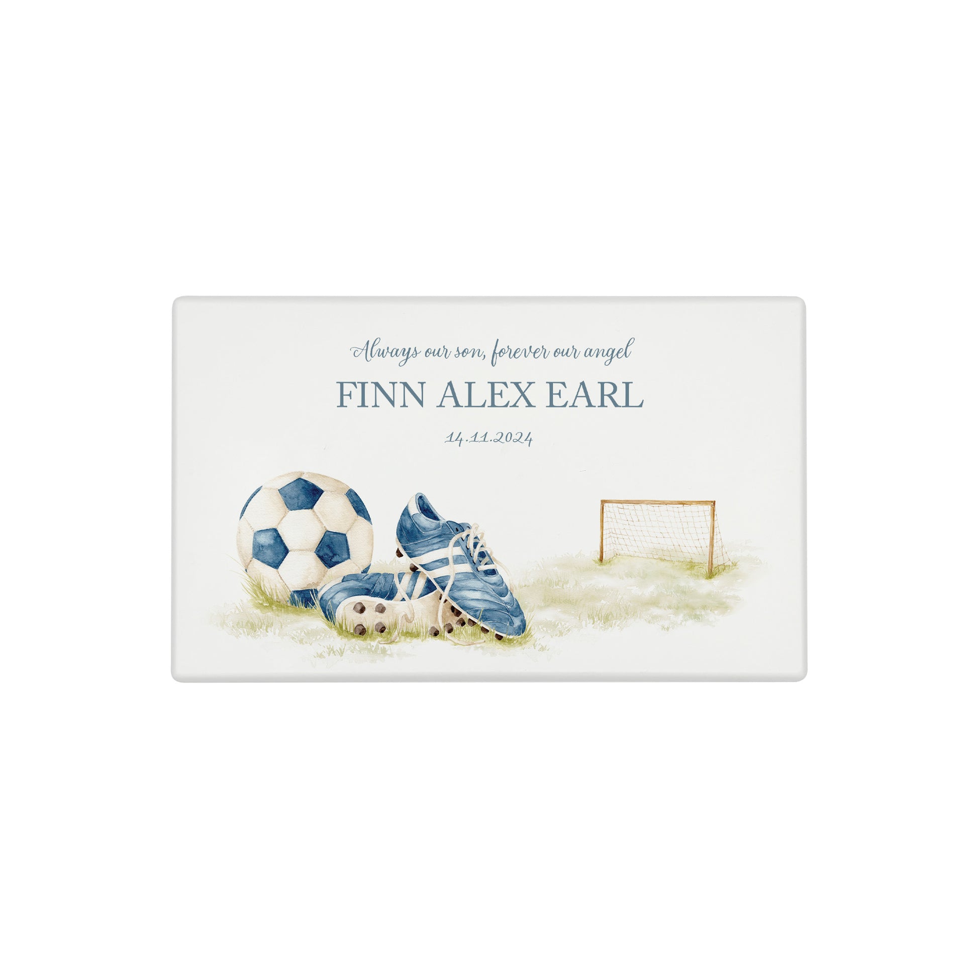 A beautifully crafted solid wooden urn, finished in white with a soft watercolour design of football boots and ball. Thoughtfully made for either display or burial, this personalised urn can be customised to create a meaningful memorial. Perfect for holding ashes of a loved one or a beloved pet, it serves as a comforting tribute and keepsake.