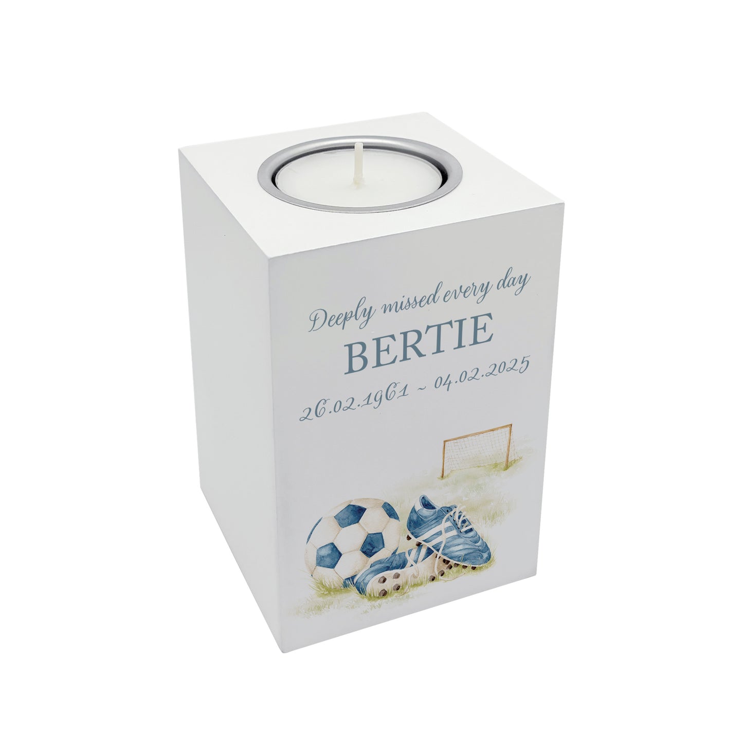 wooden cuboid luxury tealight holder with gorgeous personalised options . Each product is lovingly designed, handmade with our Countryside inspired watercolour designs. This design features Football Boots, a goal and football perfect for Brother, Dad, Son or Grandad. unique designs to remember a loved on, great for memorial occasions 