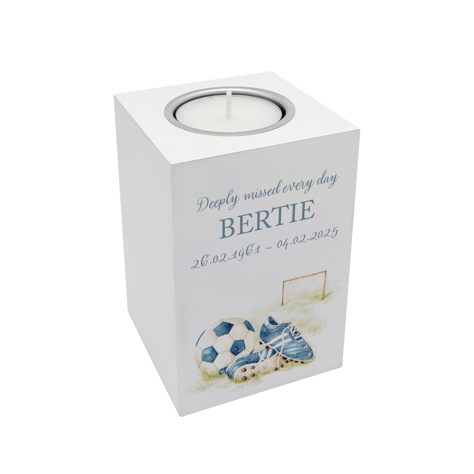 wooden cuboid luxury tealight holder with gorgeous personalised options . Each product is lovingly designed, handmade with our Countryside inspired watercolour designs. This design features Football Boots, a goal and football perfect for Brother, Dad, Son or Grandad. unique designs to remember a loved on, great for memorial occasions 