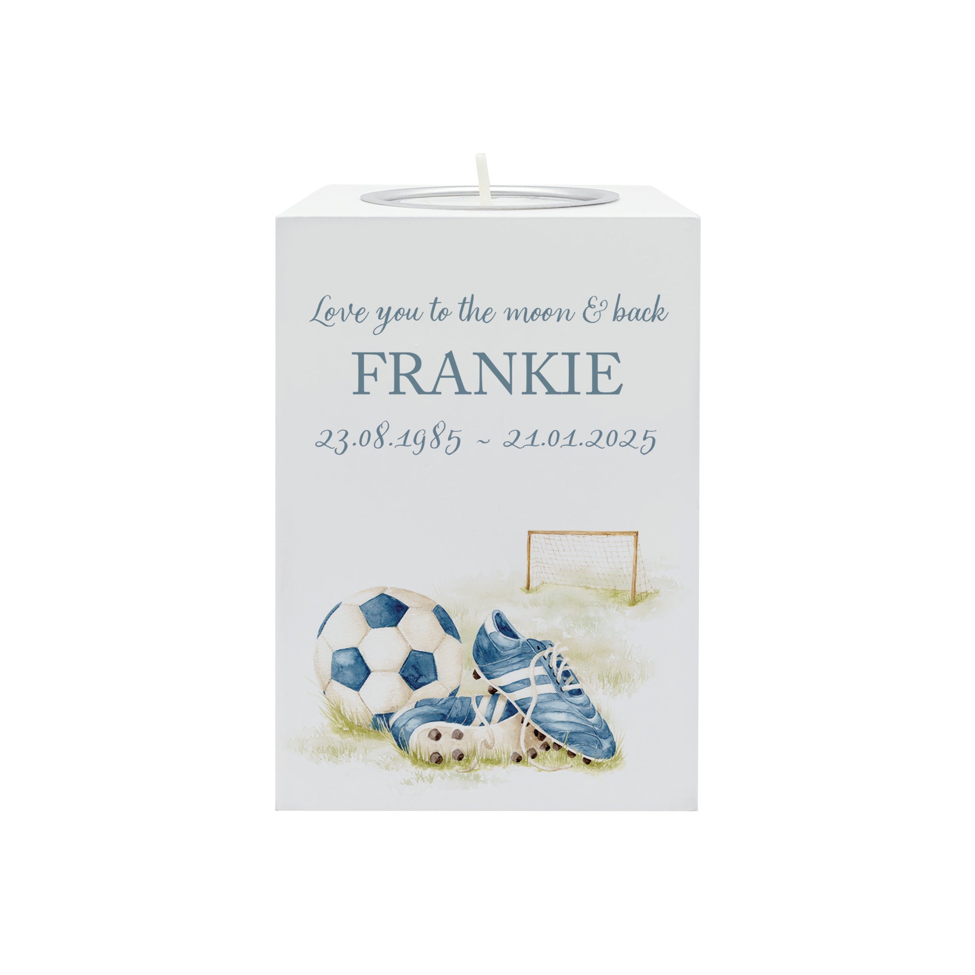wooden cuboid luxury tealight holder with gorgeous personalised options . Each product is lovingly designed, handmade with our Countryside inspired watercolour designs. This design features Football Boots, a goal and football perfect for Brother, Dad, Son or Grandad. unique designs to remember a loved on, great for memorial occasions 
