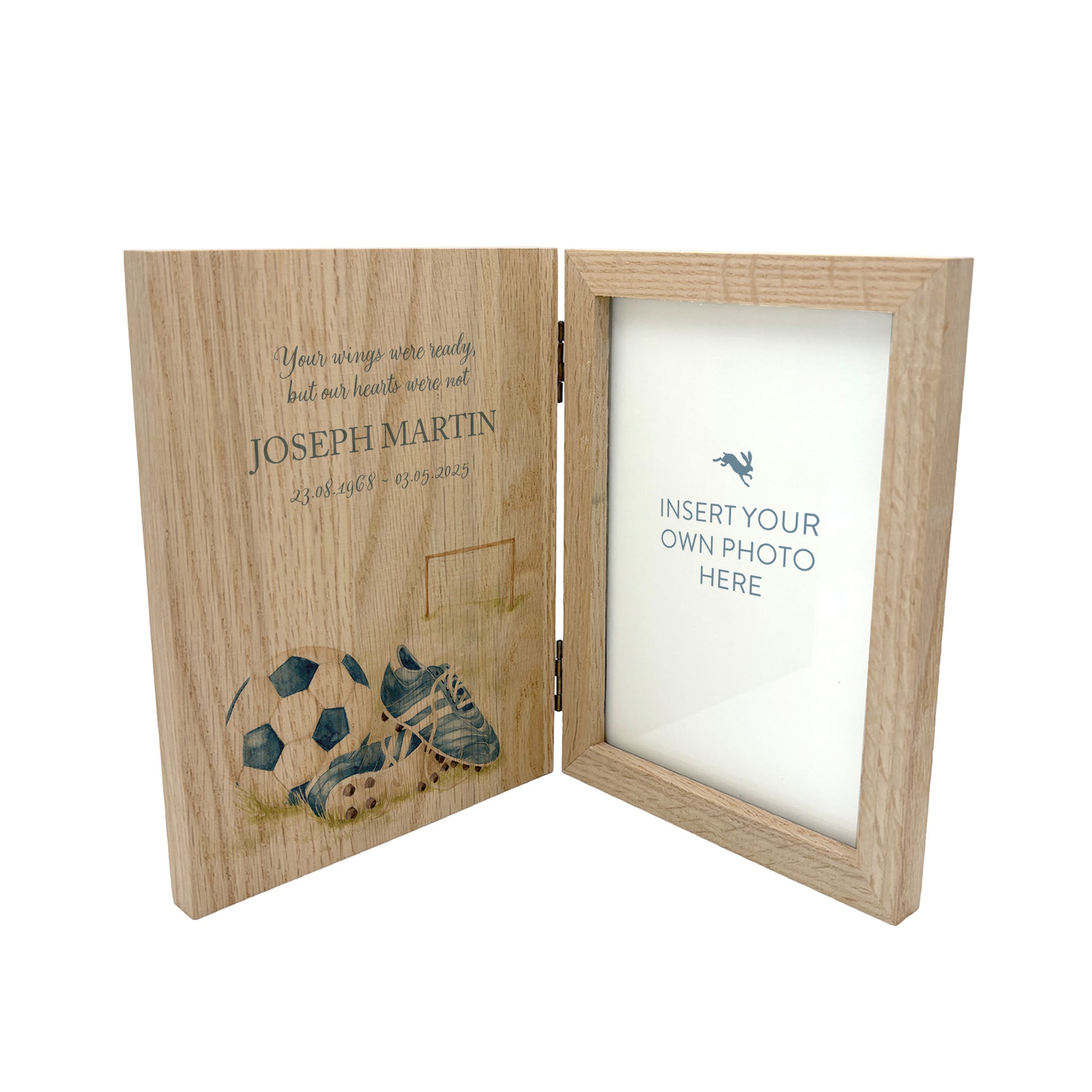 Memorial Solid Oak Photo Frame, personalise with your own message or select from our drop down selection. handmade watercolour paintings, this design features a Football Boots, Goal and boots Perfect for Grandad, Dad, Uncle, Brother