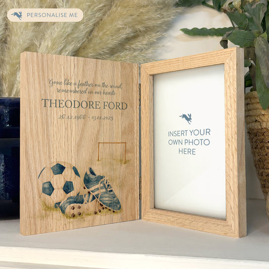 Memorial Solid Oak Photo Frame, personalise with your own message or select from our drop down selection. handmade watercolour paintings, this design features a Football Boots, Goal and boots Perfect for Grandad, Dad, Uncle, Brother