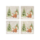 Set of four square marble coasters featuring a winter forest illustration with a fox family and evergreen trees in the snow.