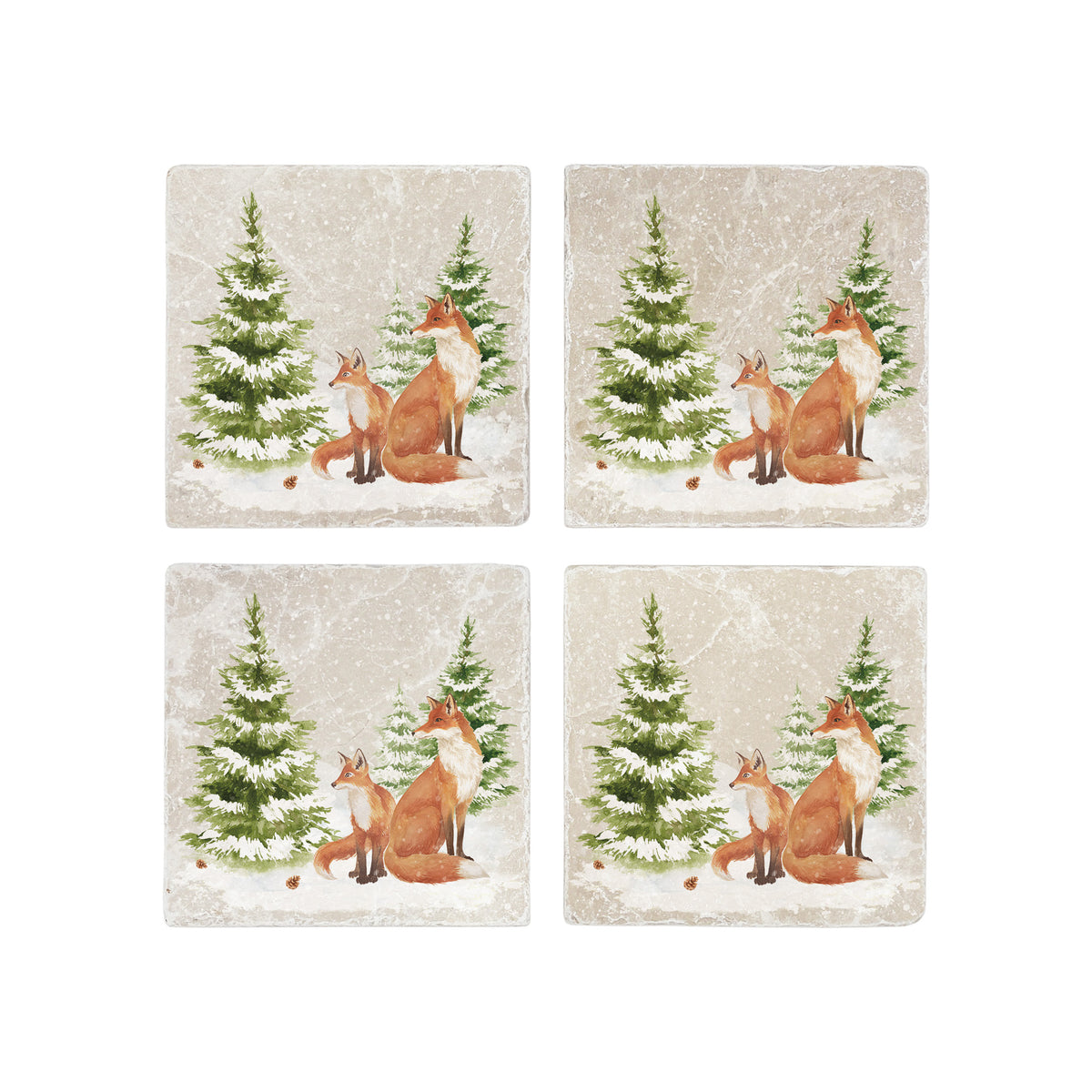 Set of four square marble coasters featuring a winter forest illustration with a fox family and evergreen trees in the snow.