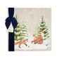 A large square marble platter featuring a forest scene with a fox family playing in the snow. The platter is wrapped with a dark blue gift ribbon and paper tag.