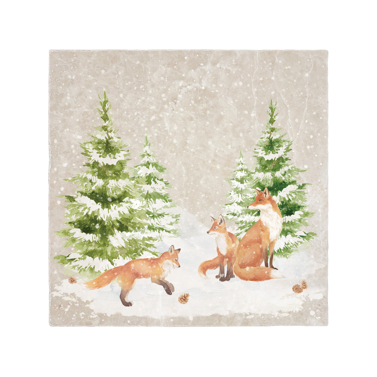A large square marble platter featuring a forest scene with a fox family playing in the snow.