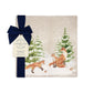 A medium marble platter featuring a forest scene with a family of foxes and fox cubs playing in the snow. The platter is packaged with a navy blue bow and paper tag.
