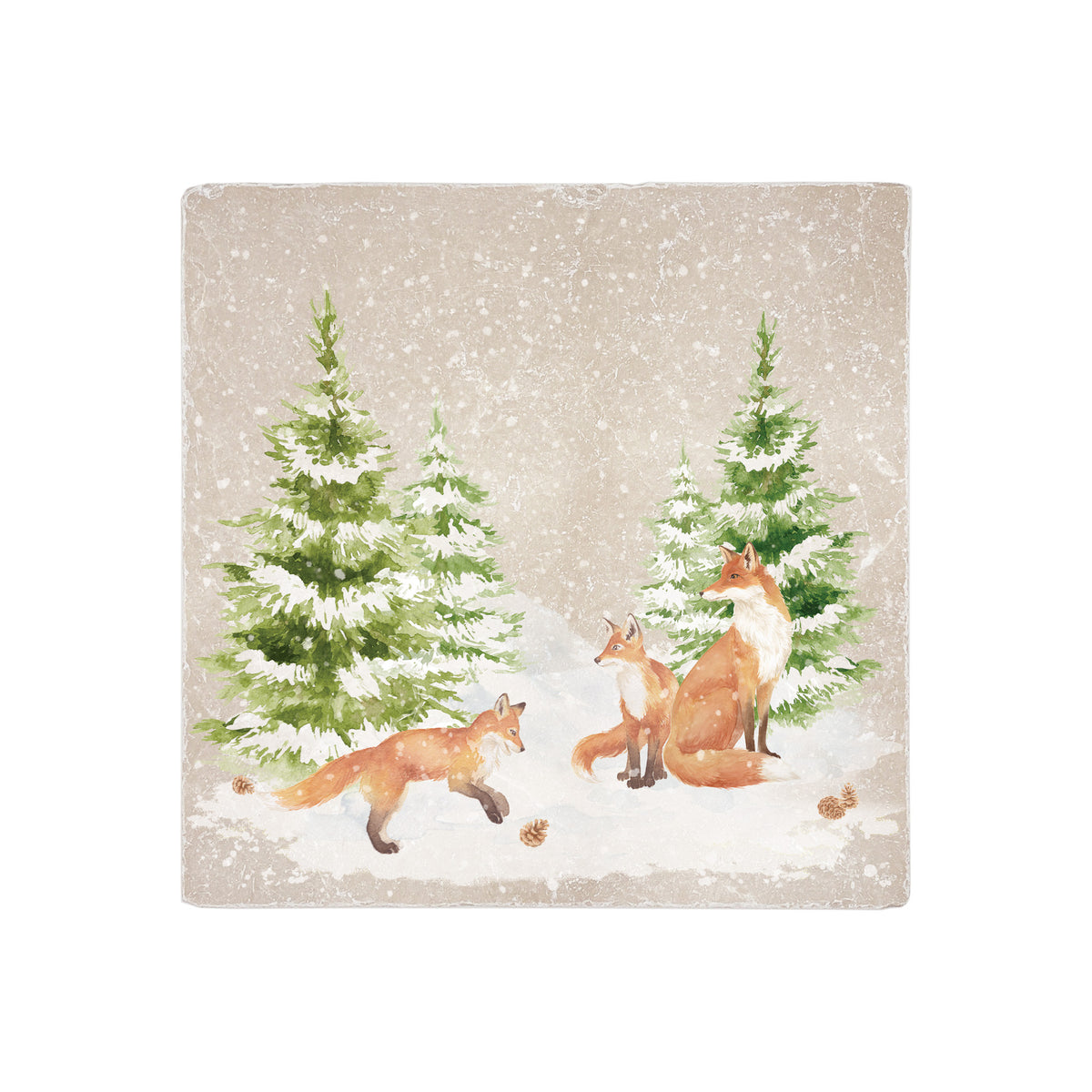 A medium marble platter featuring a forest scene with a family of foxes and fox cubs playing in the snow.