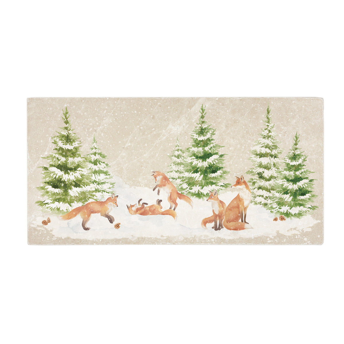 A rectangular marble sharing platter with a winter scene of a family of foxes and fox cubs playing in the snow.